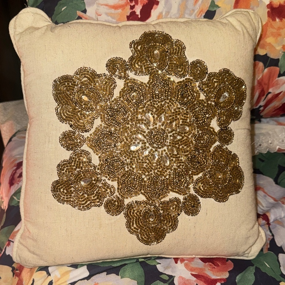 Beaded Gold Medallion Decorative Throw Pillow - Cream - Picture 2 of 8